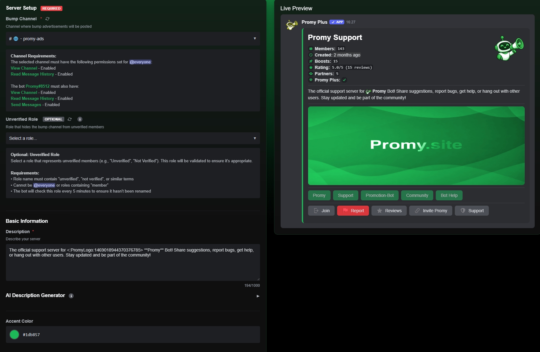 Screenshot of the Promy dashboard website configuration panel with live preview
